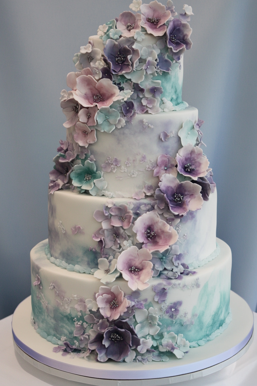 Wedding cake. Pastel florals with ethereal purple and turquoise blend.