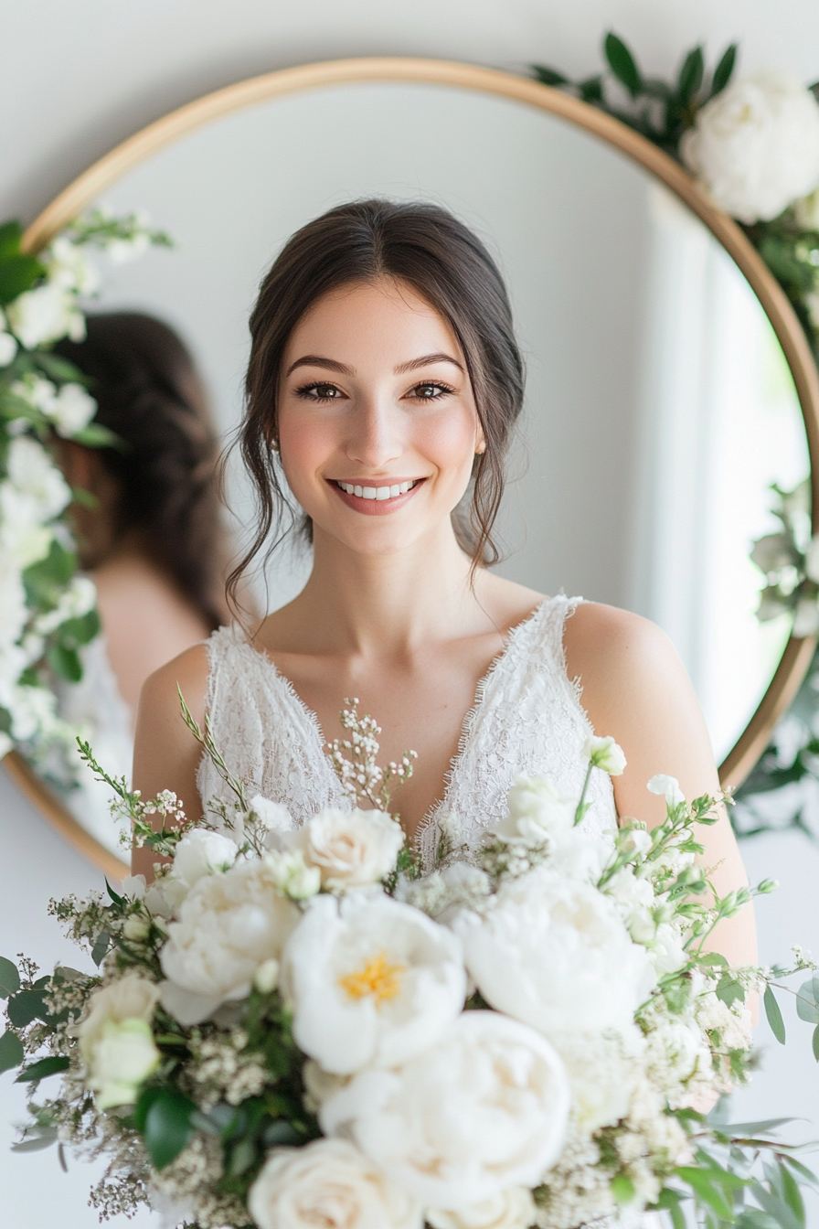 Wedding welcome mirror. Rectangle acrylic, ivory roses and peonies in round floating frame.