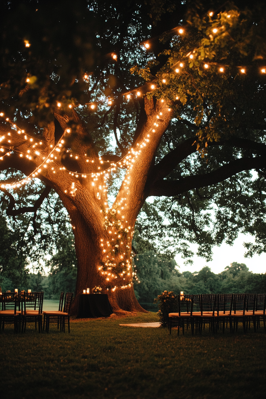 Small wedding venue concept. Ancient oak tree adorned with fairy lights.