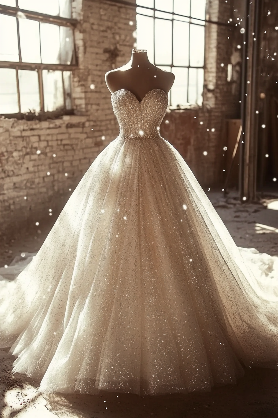 Wedding ballgown. Glittering tulle, draped crystal space, flared sweetheart neckline.