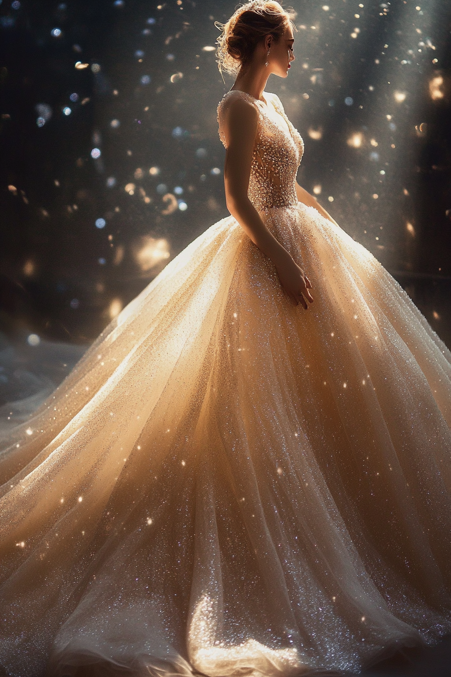 Wedding ballgown. Glittering tulle, crystal-draped bodice, trailing skirt.