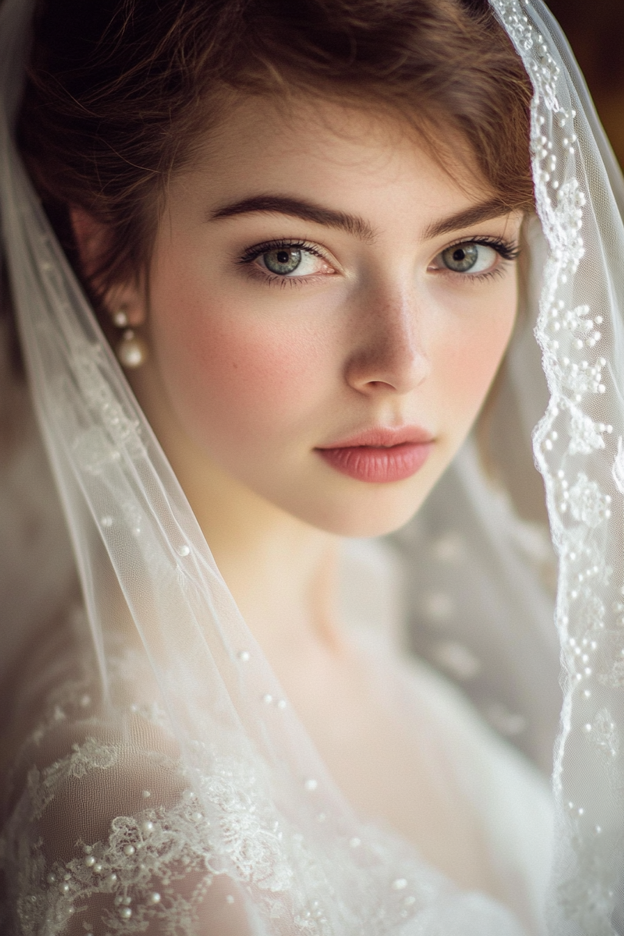 Cathedral length wedding veil. White tulle with pearl-dotted lace edges.