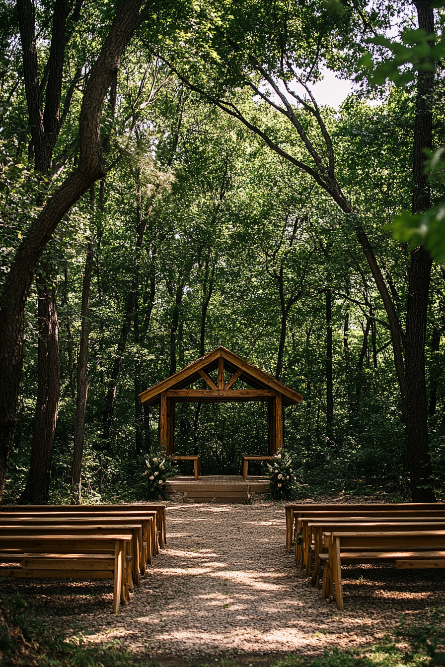 Small wedding venue concept. Deciduous forest embracing a wooden pavilion.