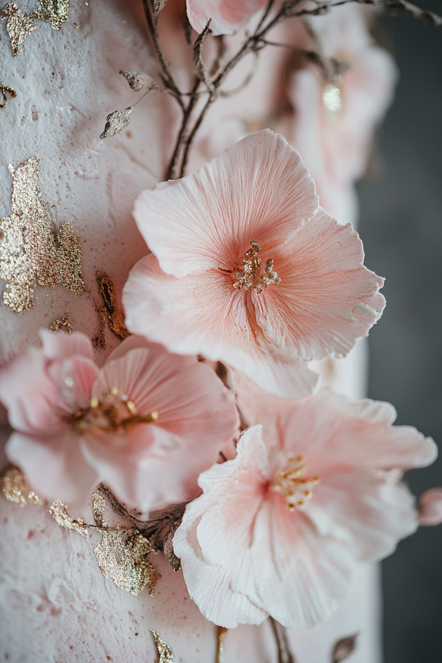 Wedding cake. Pale pink icing with edible, pastel-washed florals, hints of gold leaf.