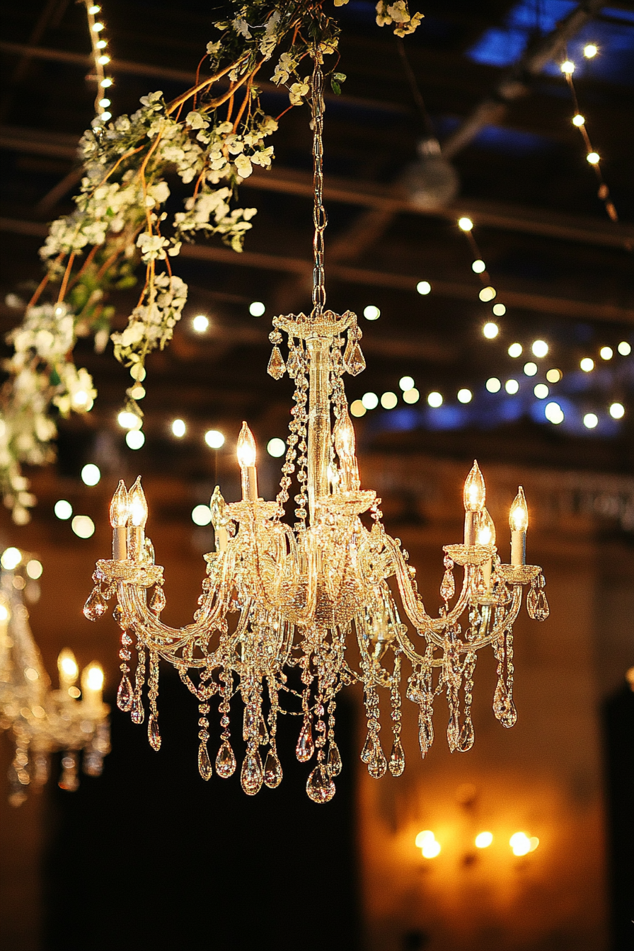 Wedding Reception Lighting. Crystal chandelier entwined with glowing vine light canopy.