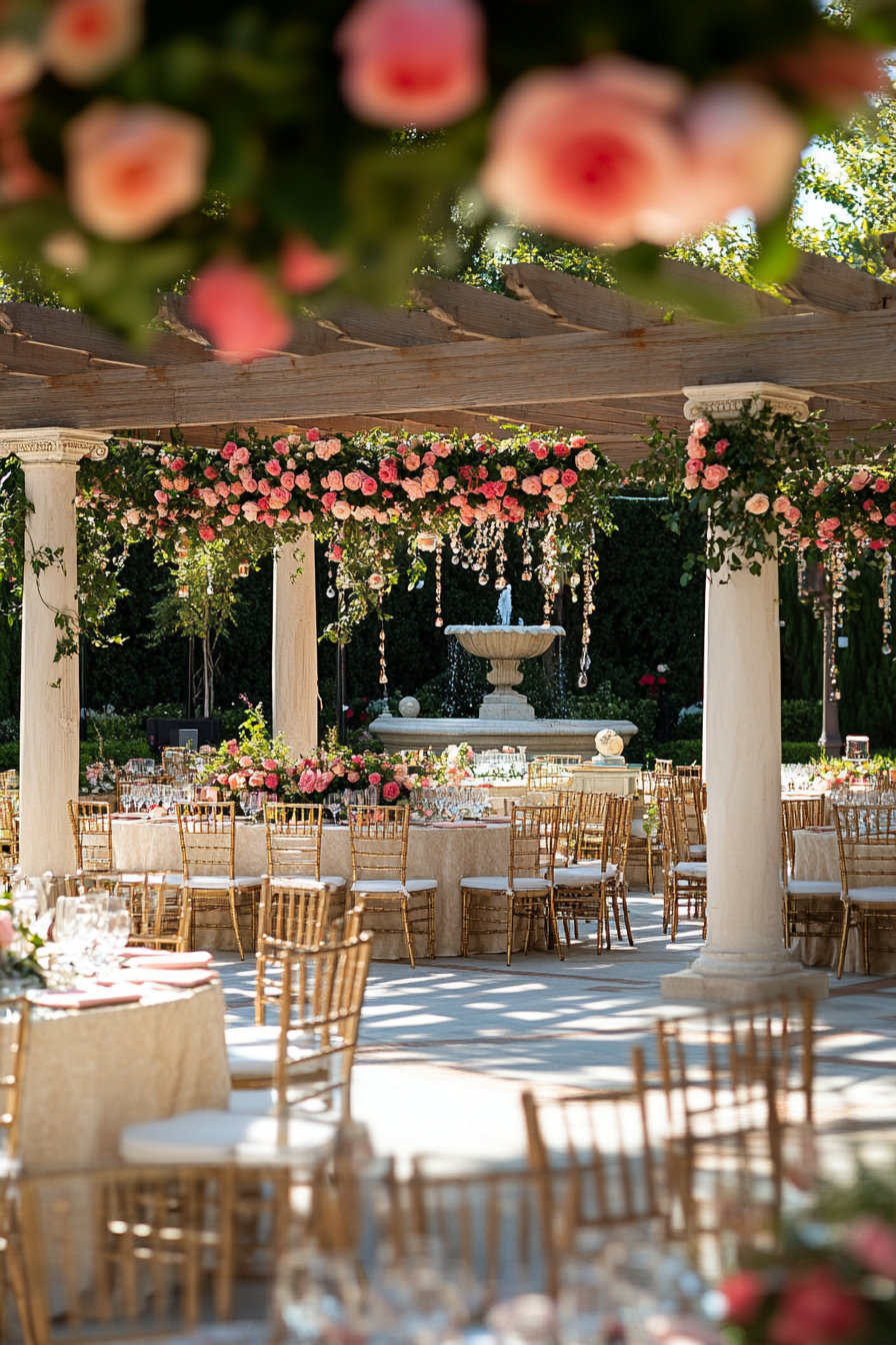 Wedding reception layout. Pink roses pergola, marble fountain view.