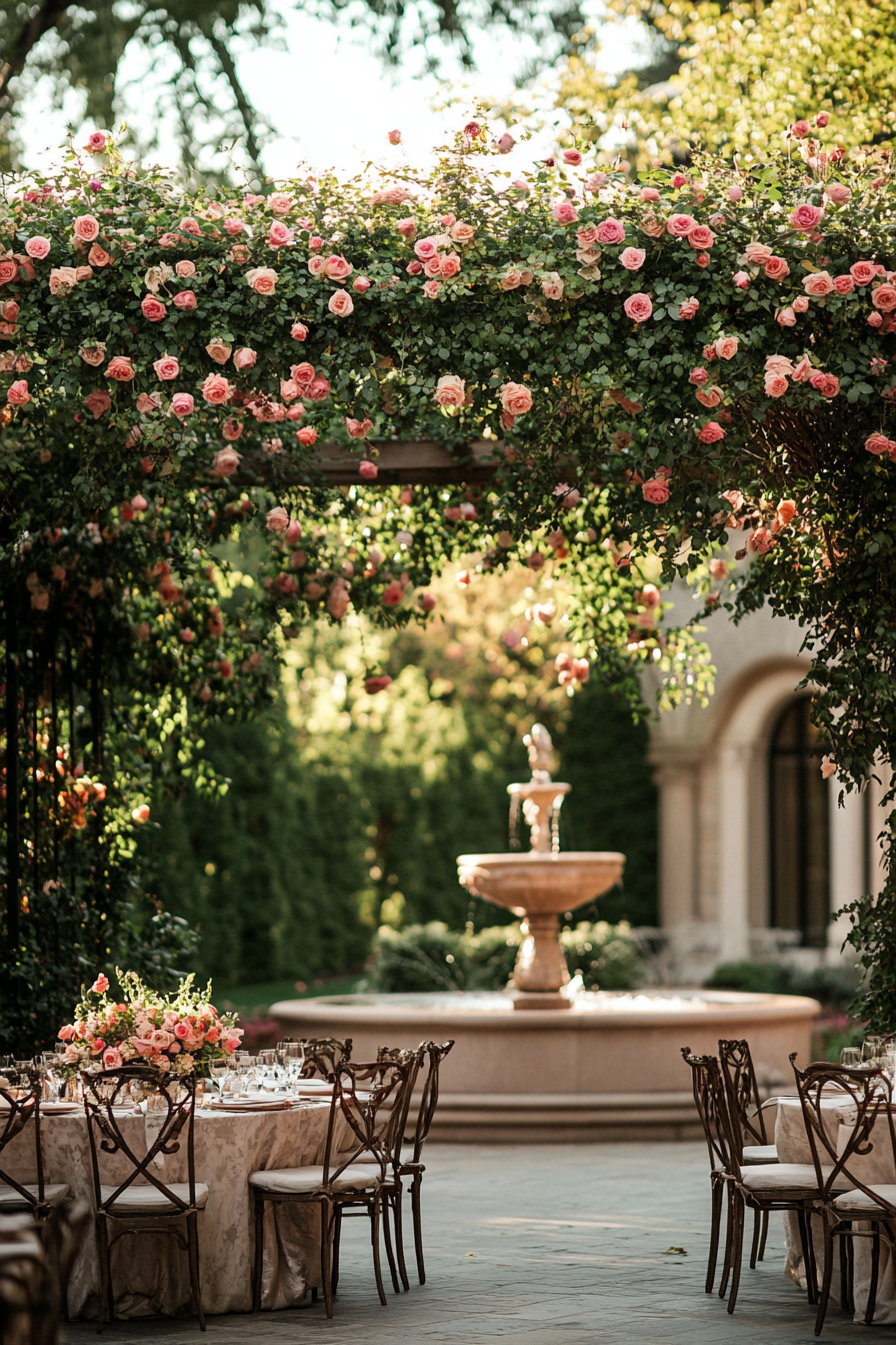 Wedding reception layout. Rose pergola by a marble fountain.