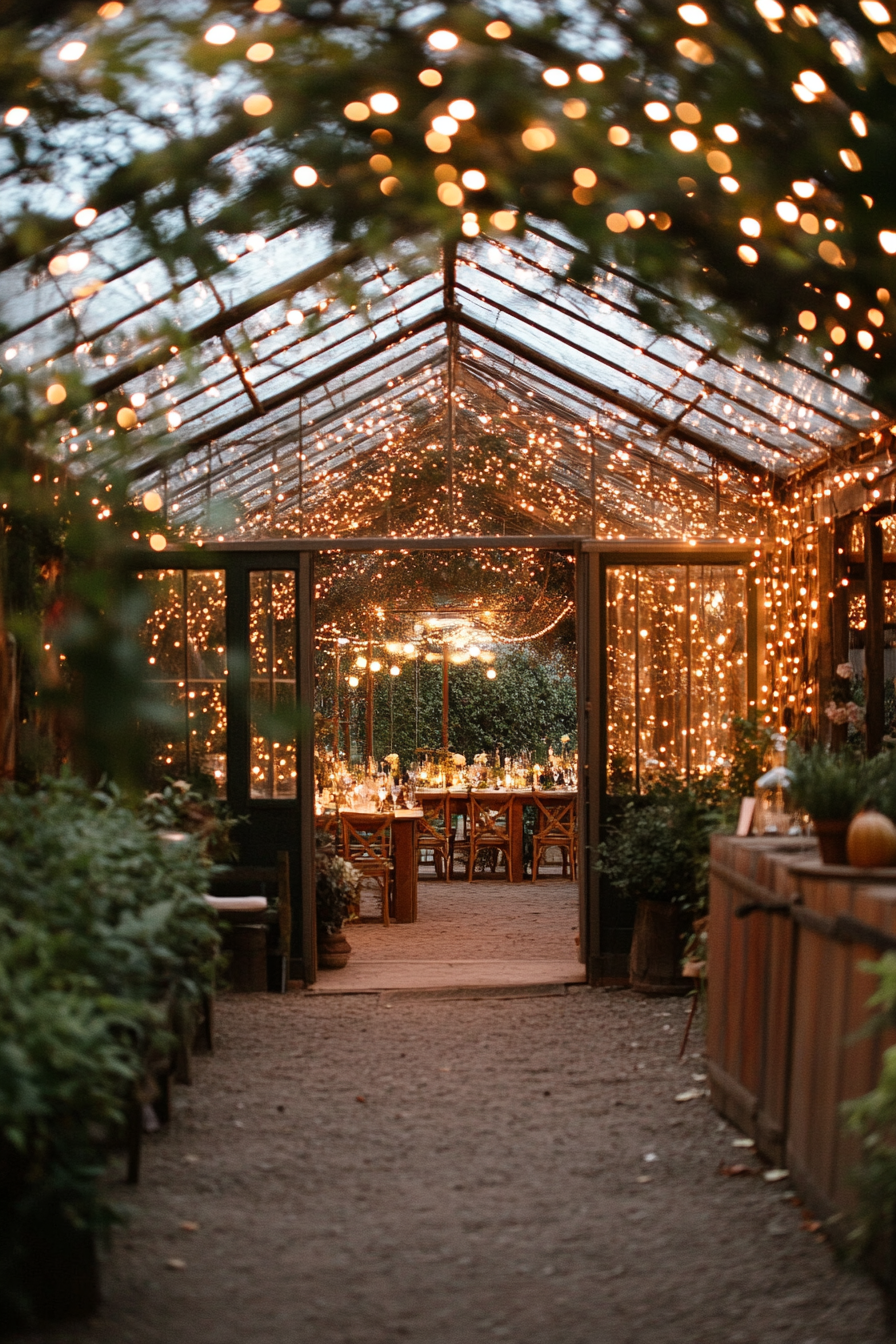 Small wedding venue concept. Greenhouse adorned with fairy lights.