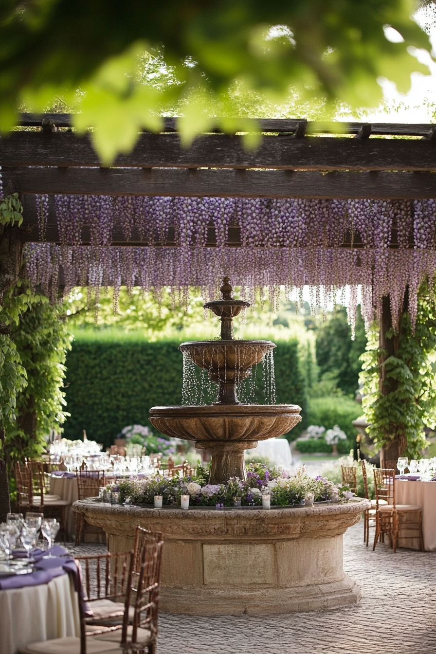 Wedding reception layout. Vintage pergola wrapped in wisteria, next to neoclassical water fountain view.