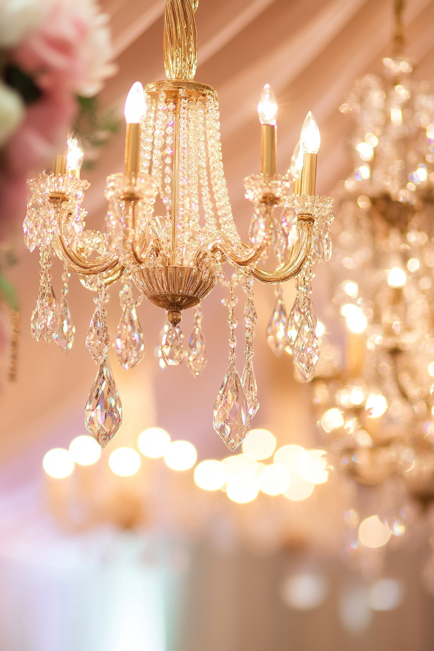 Wedding reception chandelier. Diamond-shaped with gold accents and crystal teardrops.