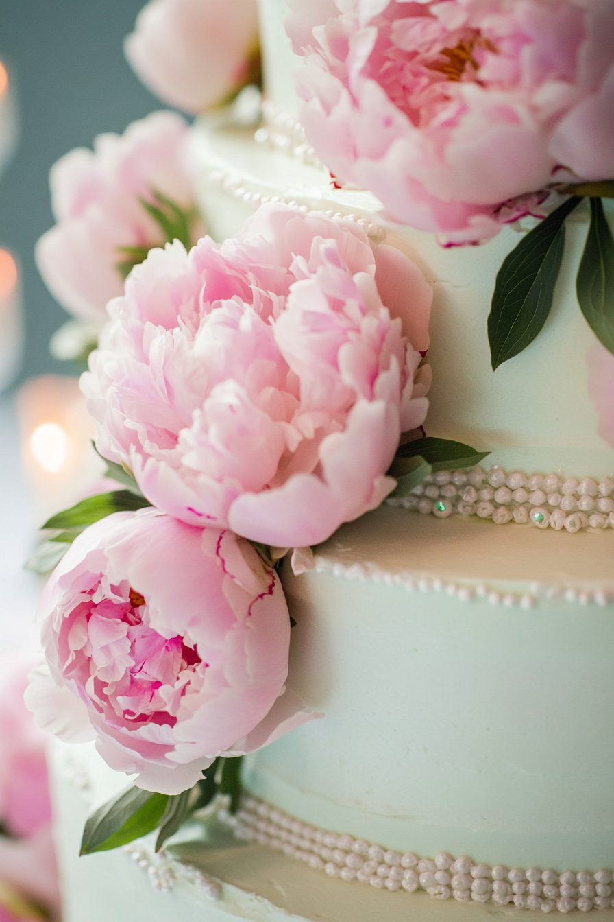 Wedding cake and stationery. Blush peonies with mint macaron accents.