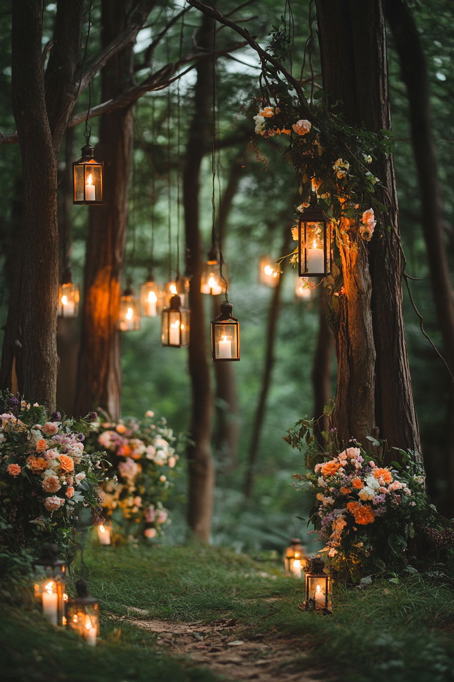 Small wedding venue concept. Flower-filled woodland ceremony with hanging lanterns.