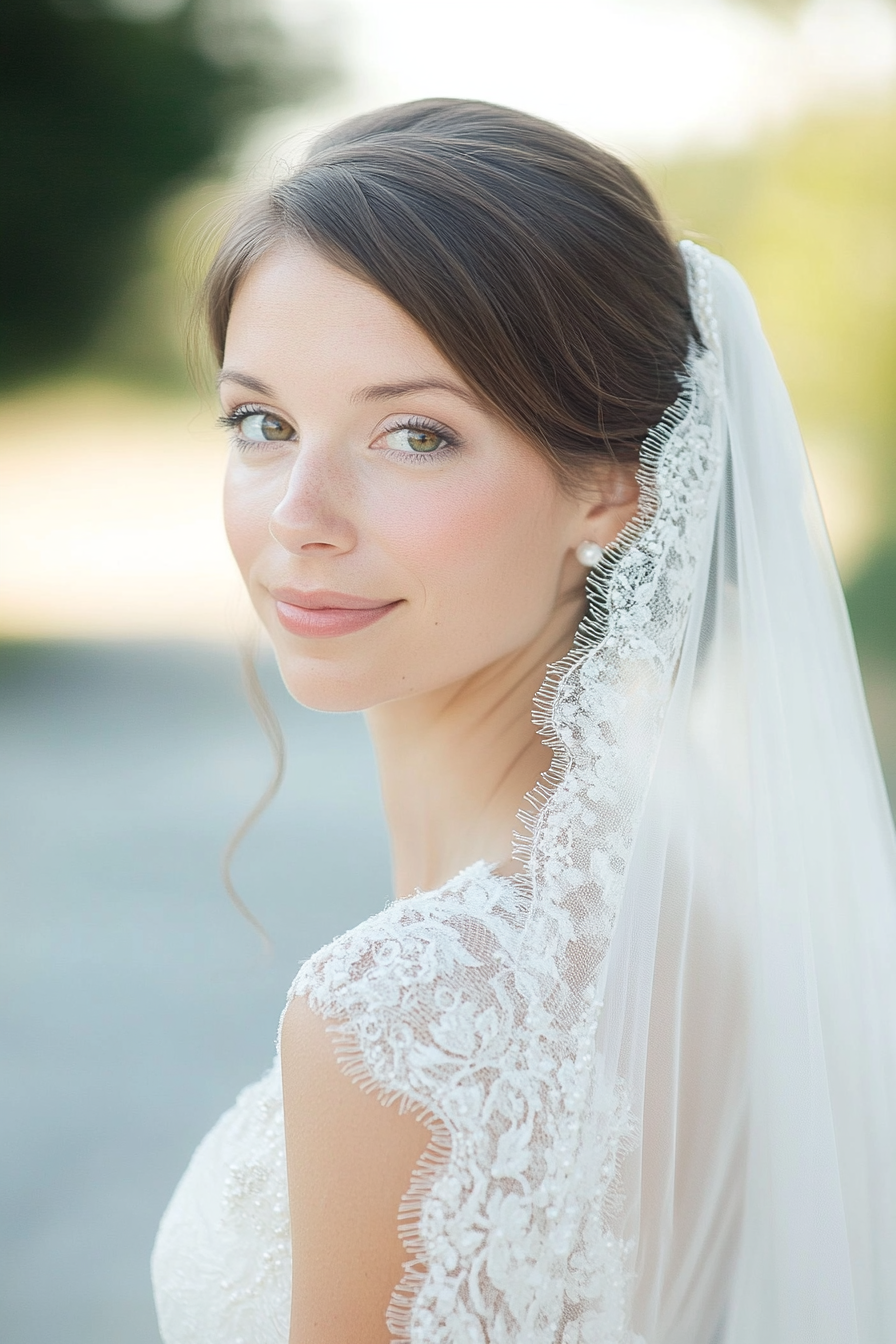 Cathedral length wedding veil. Ivory pearl-dotted lace edges.