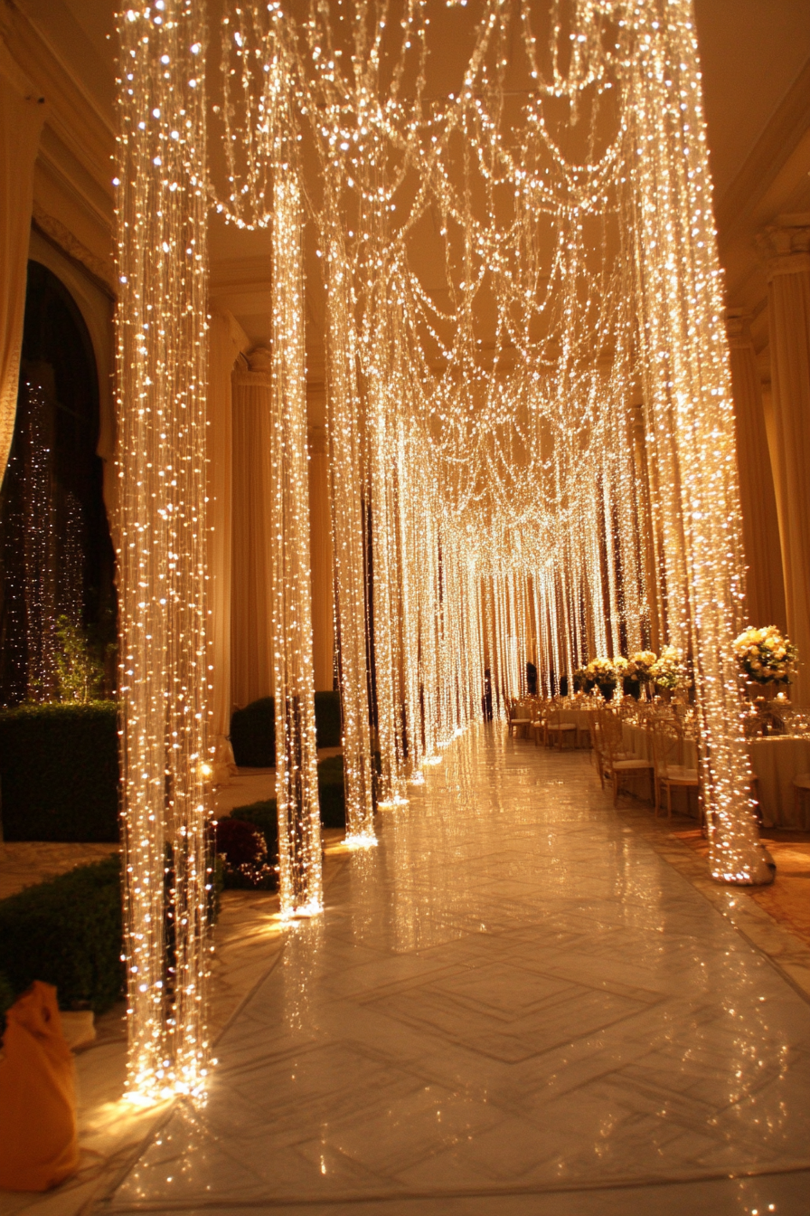 Wedding reception decoration. Crystal chandeliers with intertwined fairy light wrapped vines.