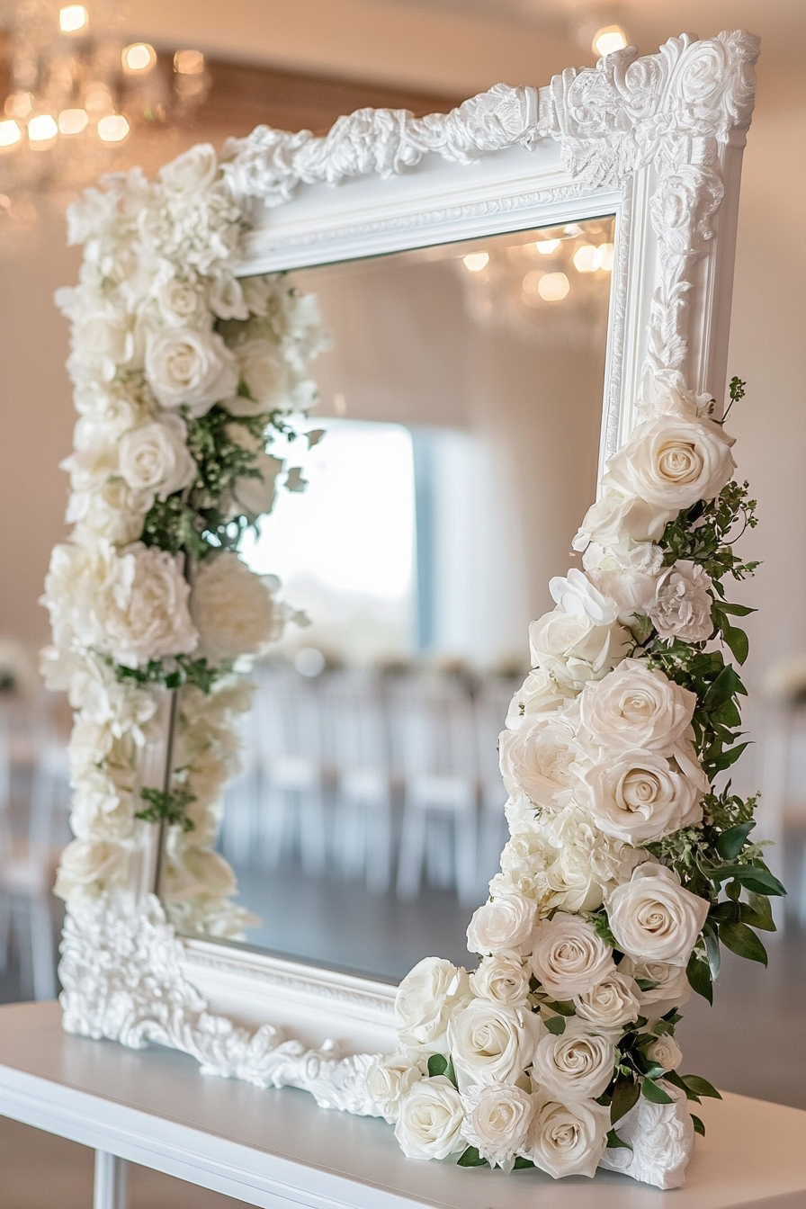 Wedding welcome mirror. Acrylic, floating white roses frame.