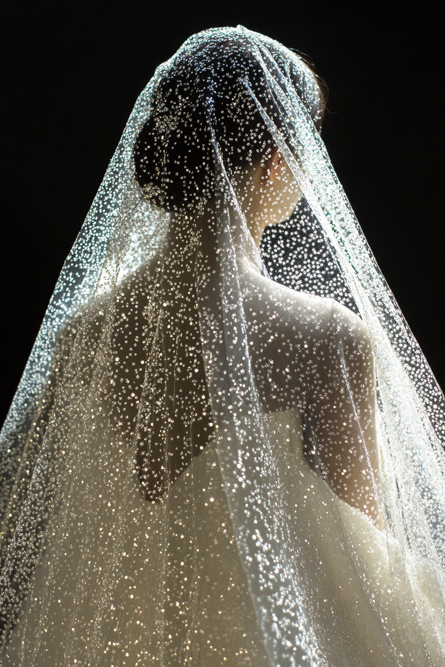 Wedding cape. Iridescent white, scattered pearl crystals.