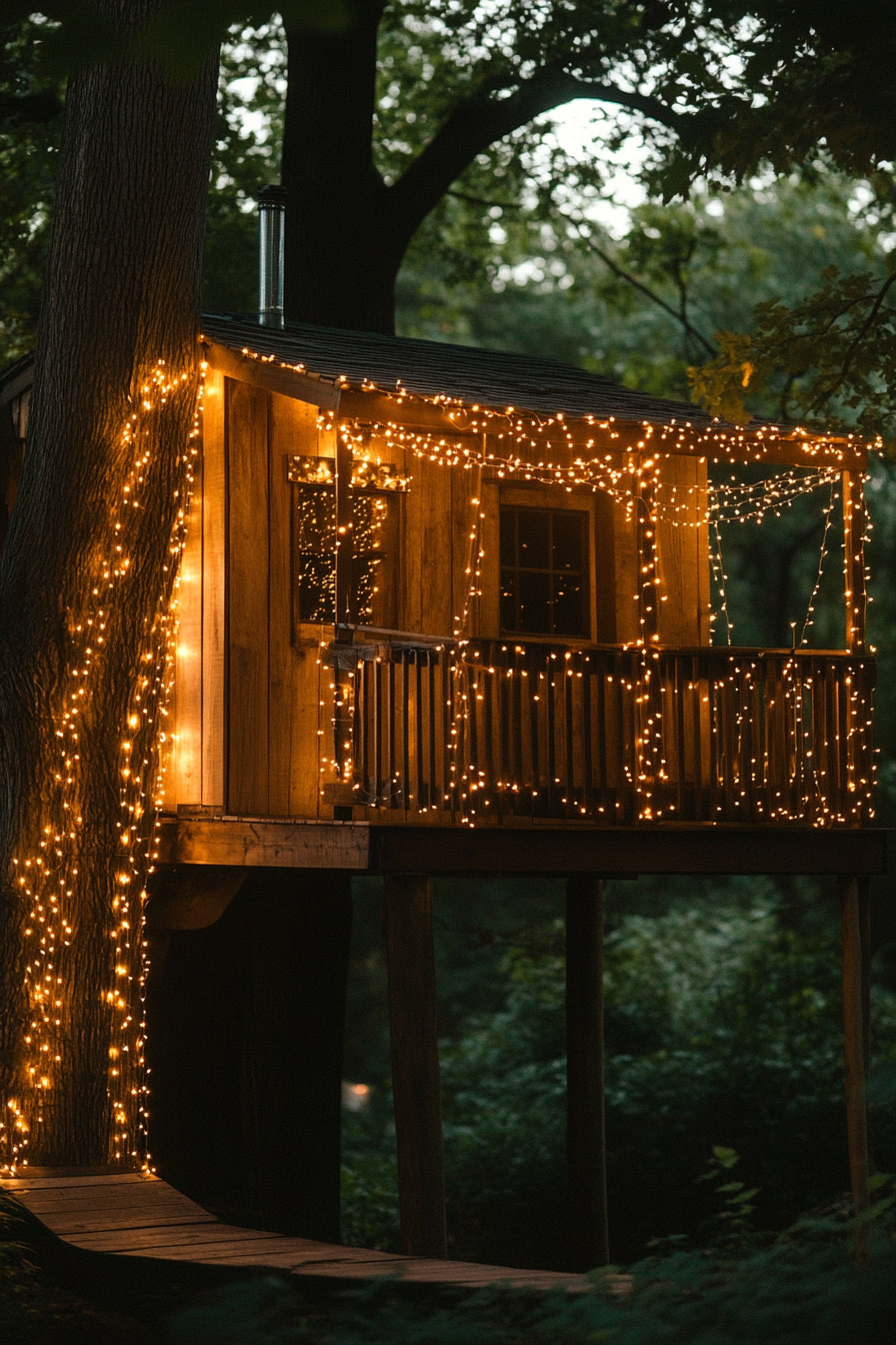 Small wedding venue concept. Treehouse lit with faintly glittering firefly-inspired lights.