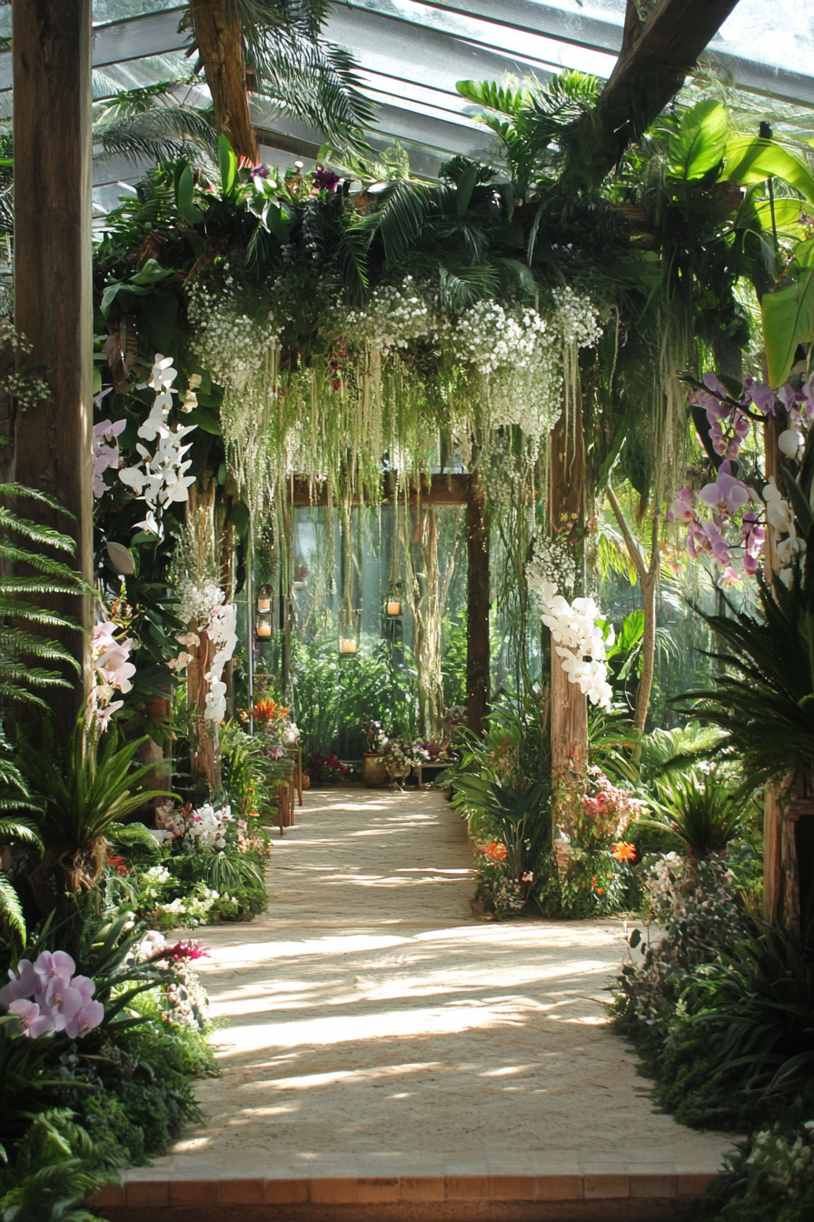 Small wedding venue concept. Greenhouse filled with exotic plants and greenery.