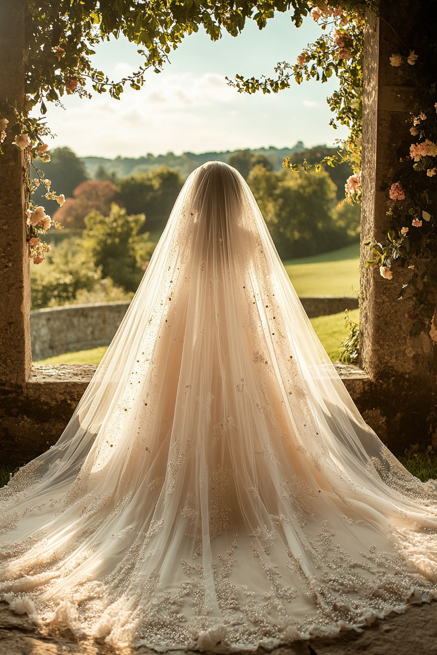 Cathedral-length wedding veil. Creamy tulle with scattered pearl-dots and lace edges.