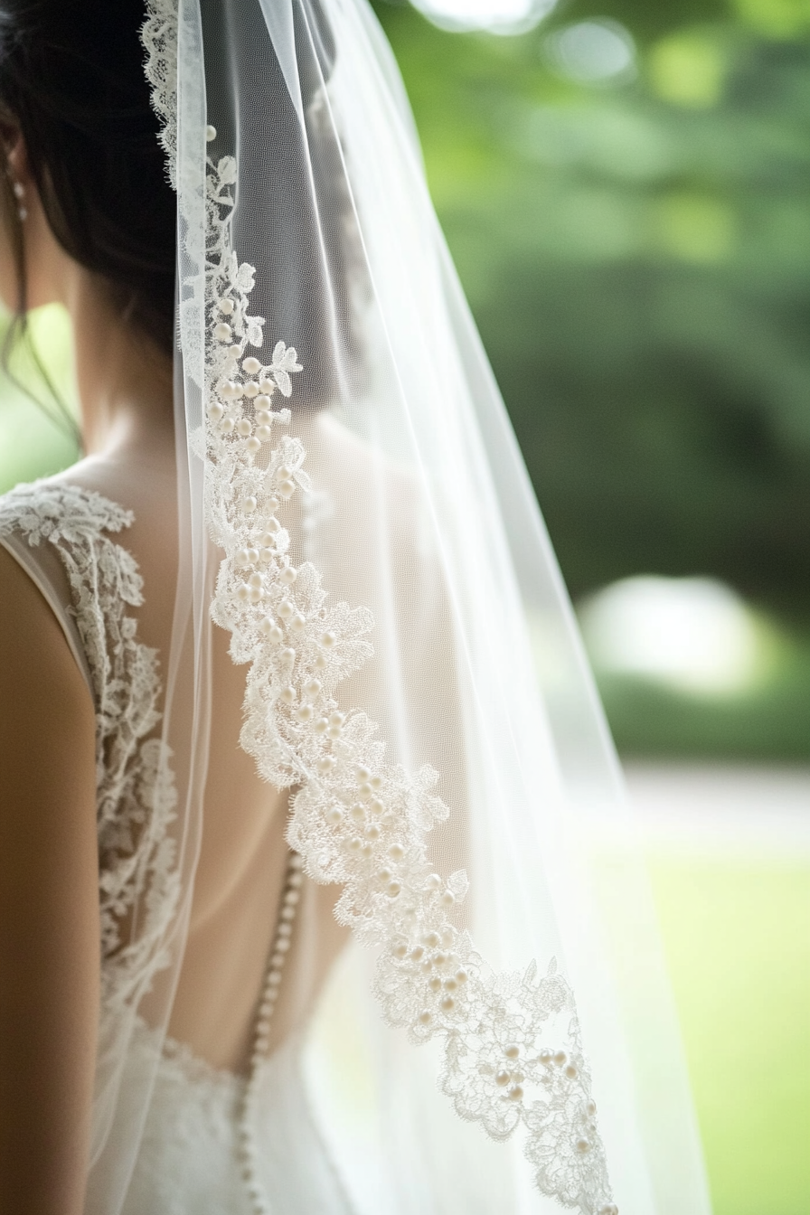 Cathedral length wedding veil. Ivory, pearl-dotted lace edges.