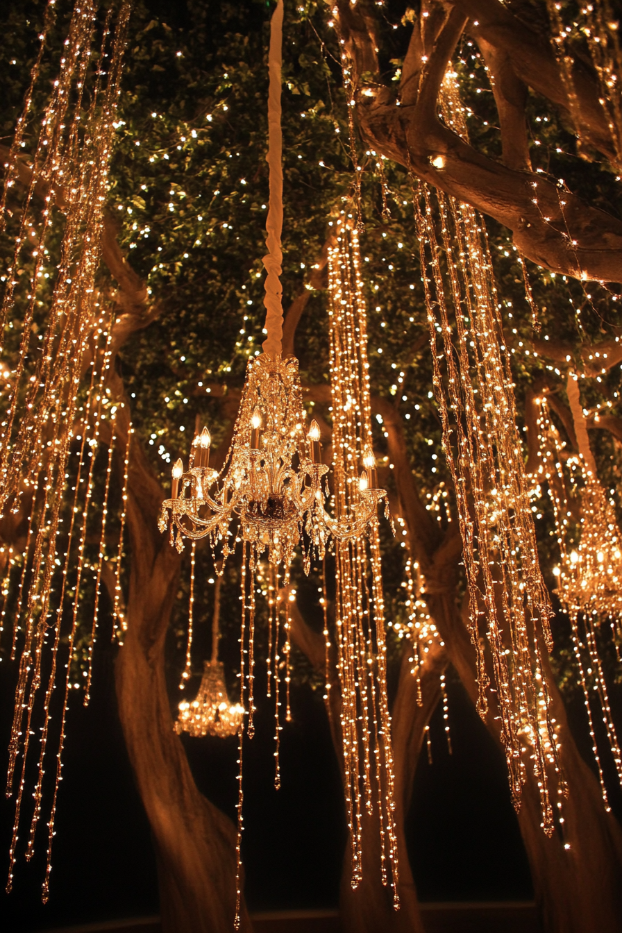 Wedding reception decoration. Crystal chandelier amidst twisted vine light canopy.