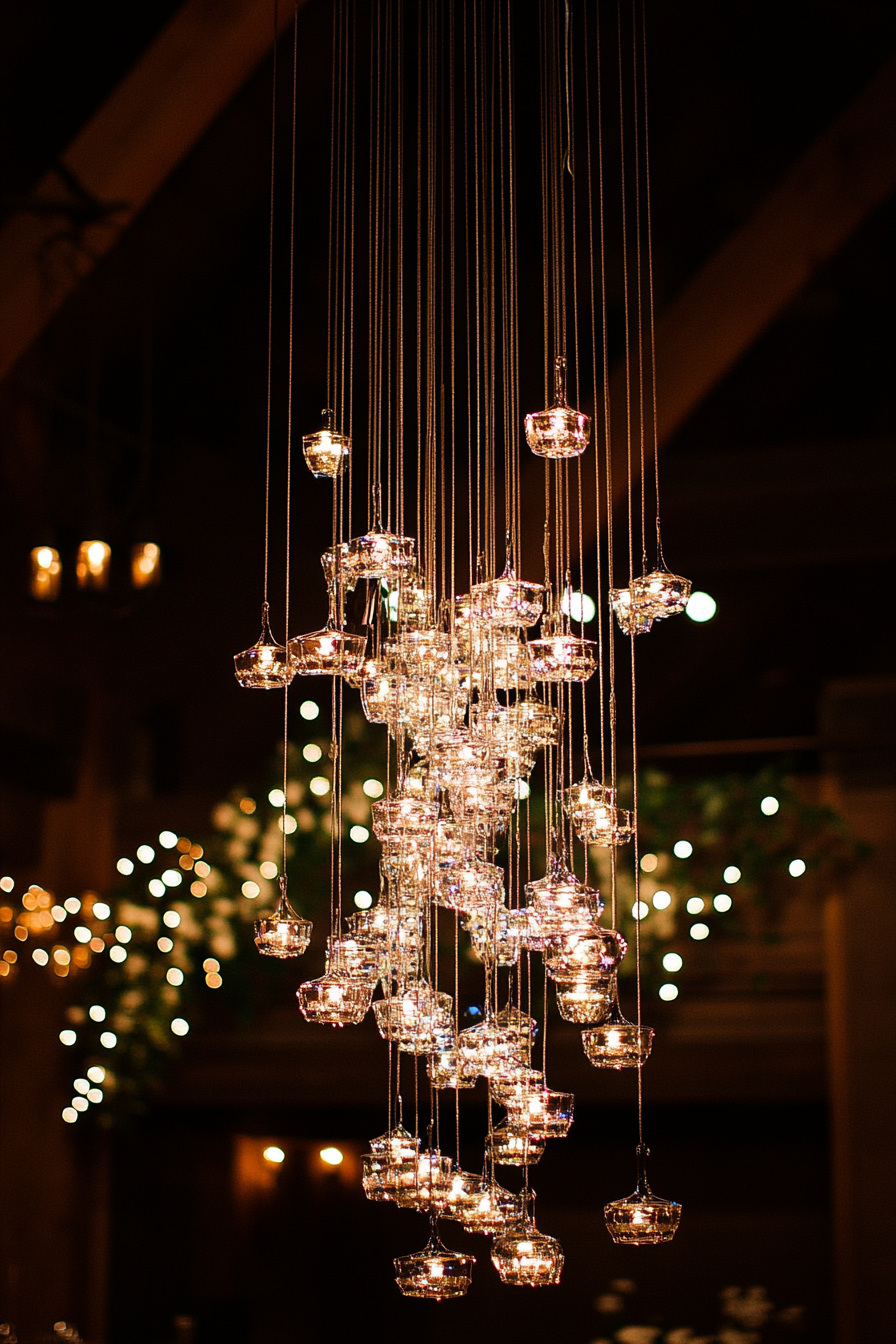 Wedding reception chandelier. Wrought iron structure with cascading crystal pendant lights.