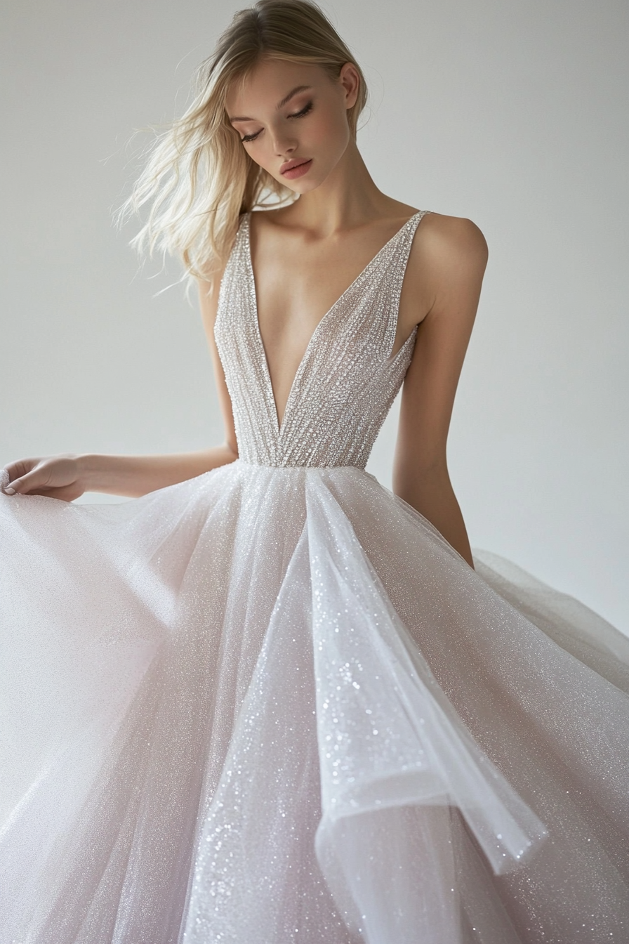 Wedding ballgown. Glittering tulle, plunging neckline, layered skirt, crystal draped bodice.