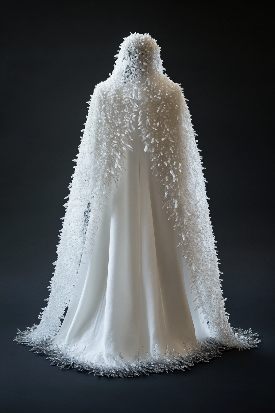 Wedding cape. Shimmering white with pearl-encrusted ice crystal border.