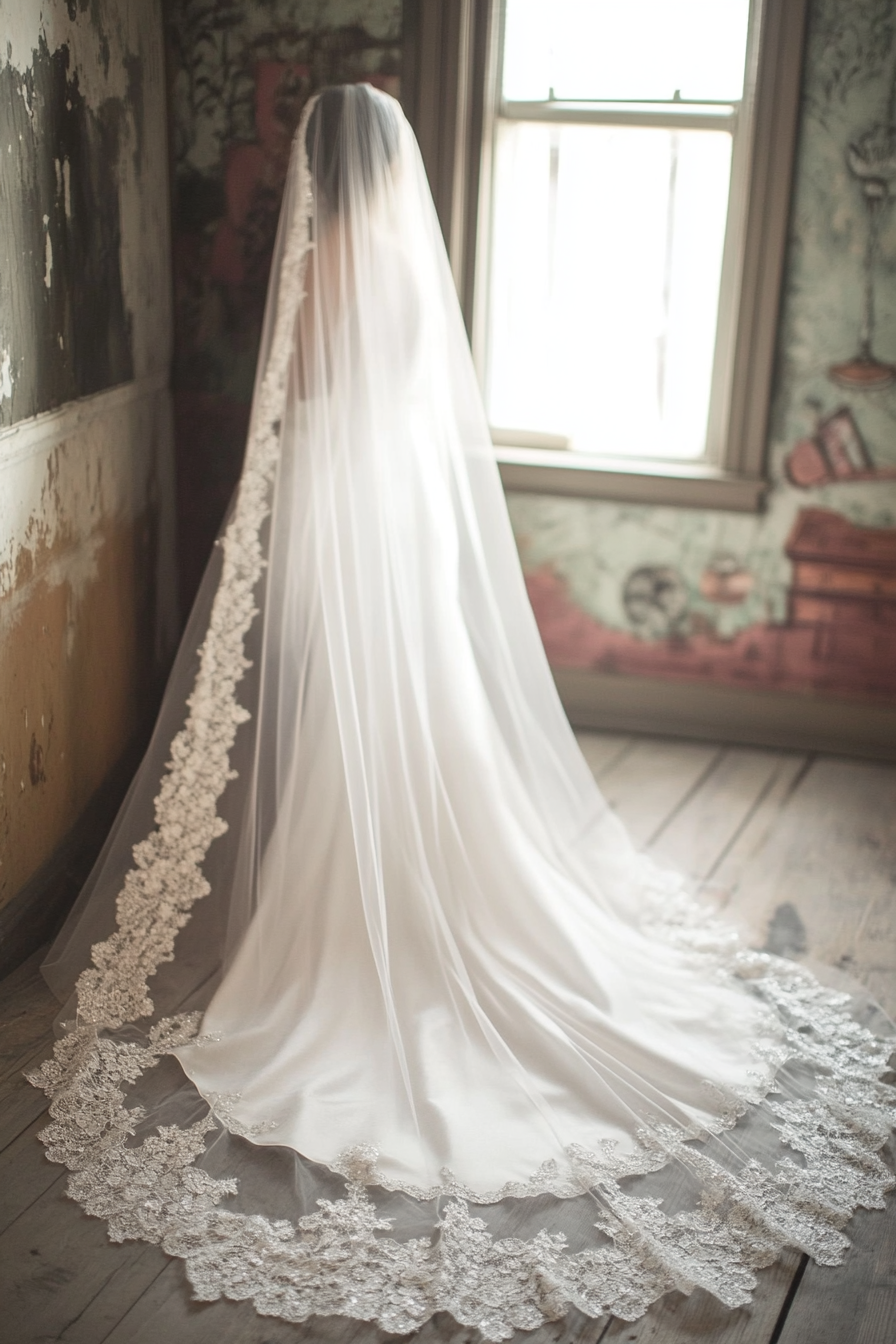 Cathedral length wedding veil. Pearl-dotted ivory lace edging.