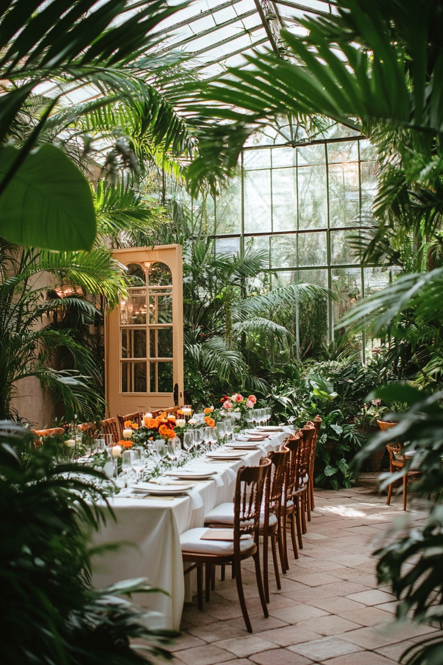 Small wedding venue concept. Glasshouse in lush botanical gardens.