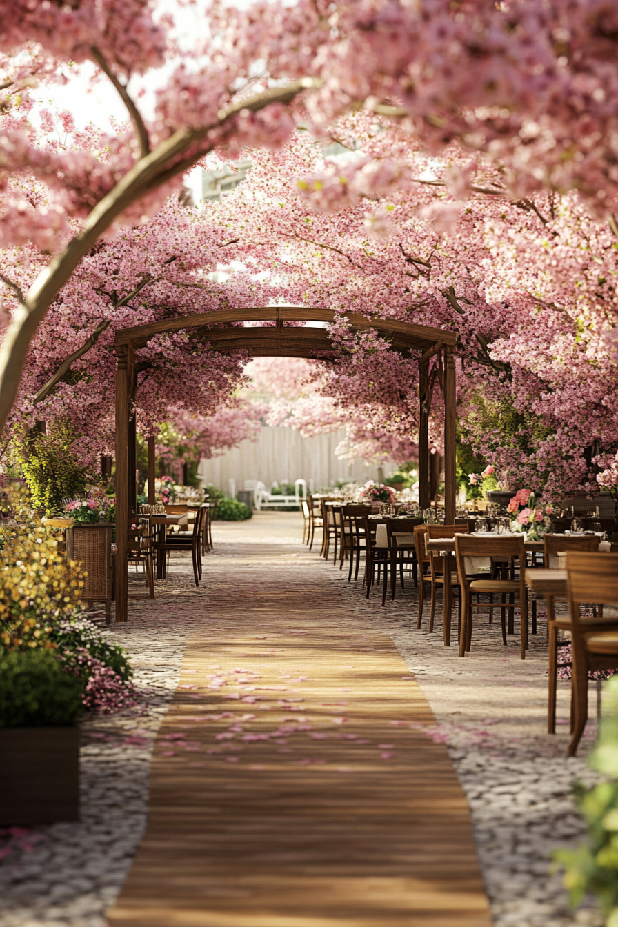 Small wedding venue concept. Riverside cherry blossom garden.