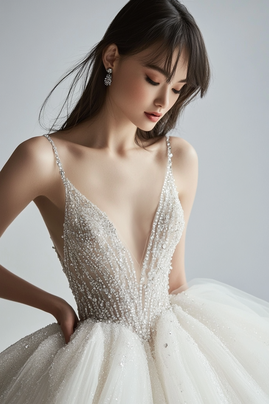 Wedding ballgown. Glittering tulle with a princess cut, crystal-draped bodice.