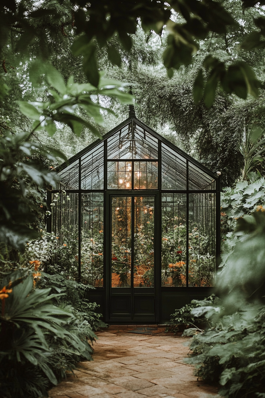 Small wedding venue concept. Glass greenhouse nestled in dense, emerald forest.