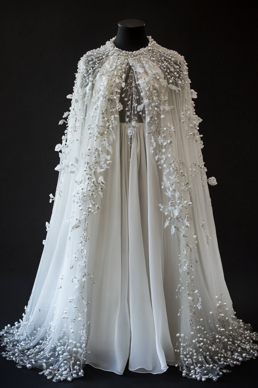 Wedding cape. Shimmering white with pearl-encrusted ice crystal details.