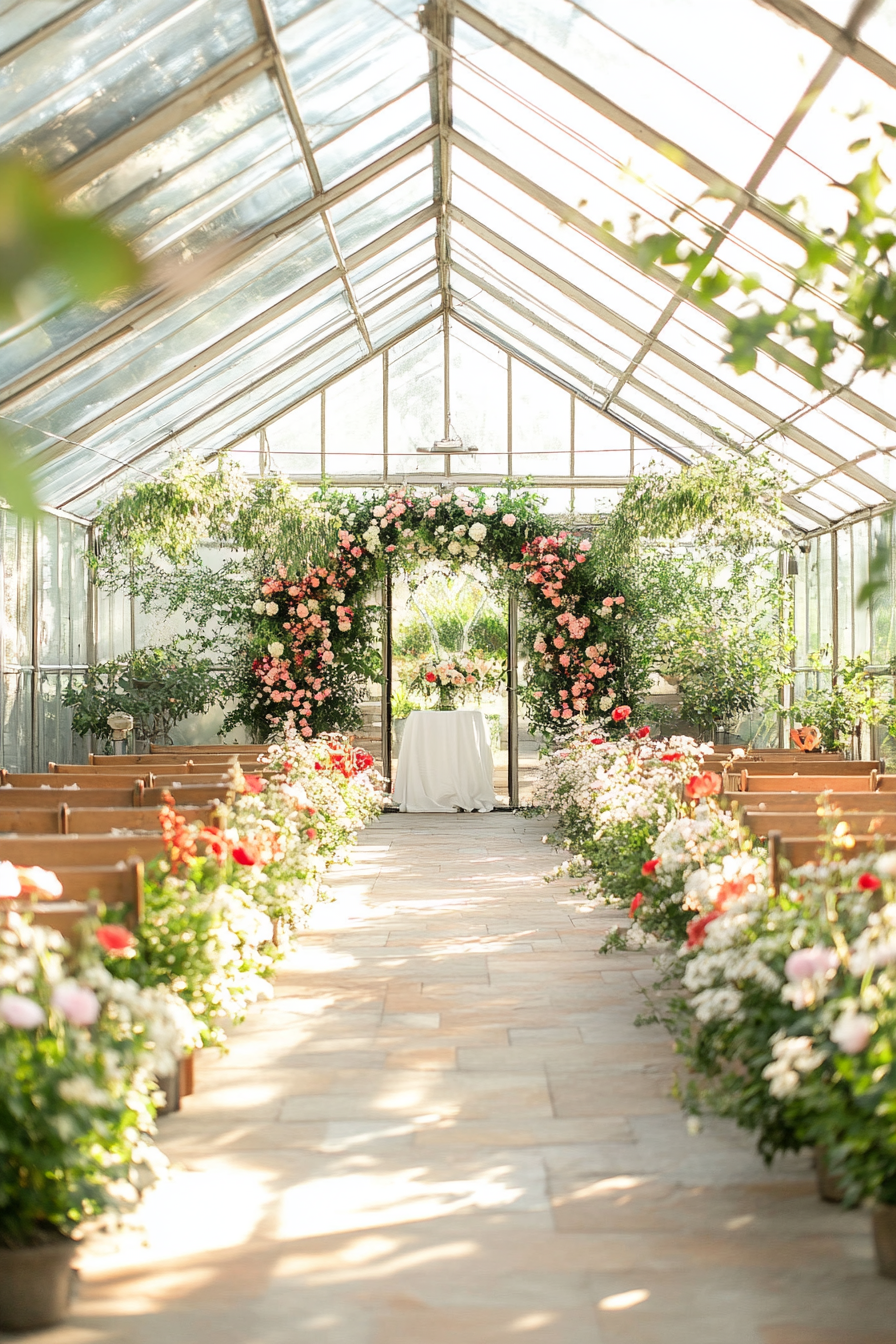 Small wedding venue concept. Greenhouse filled with flowering plants.