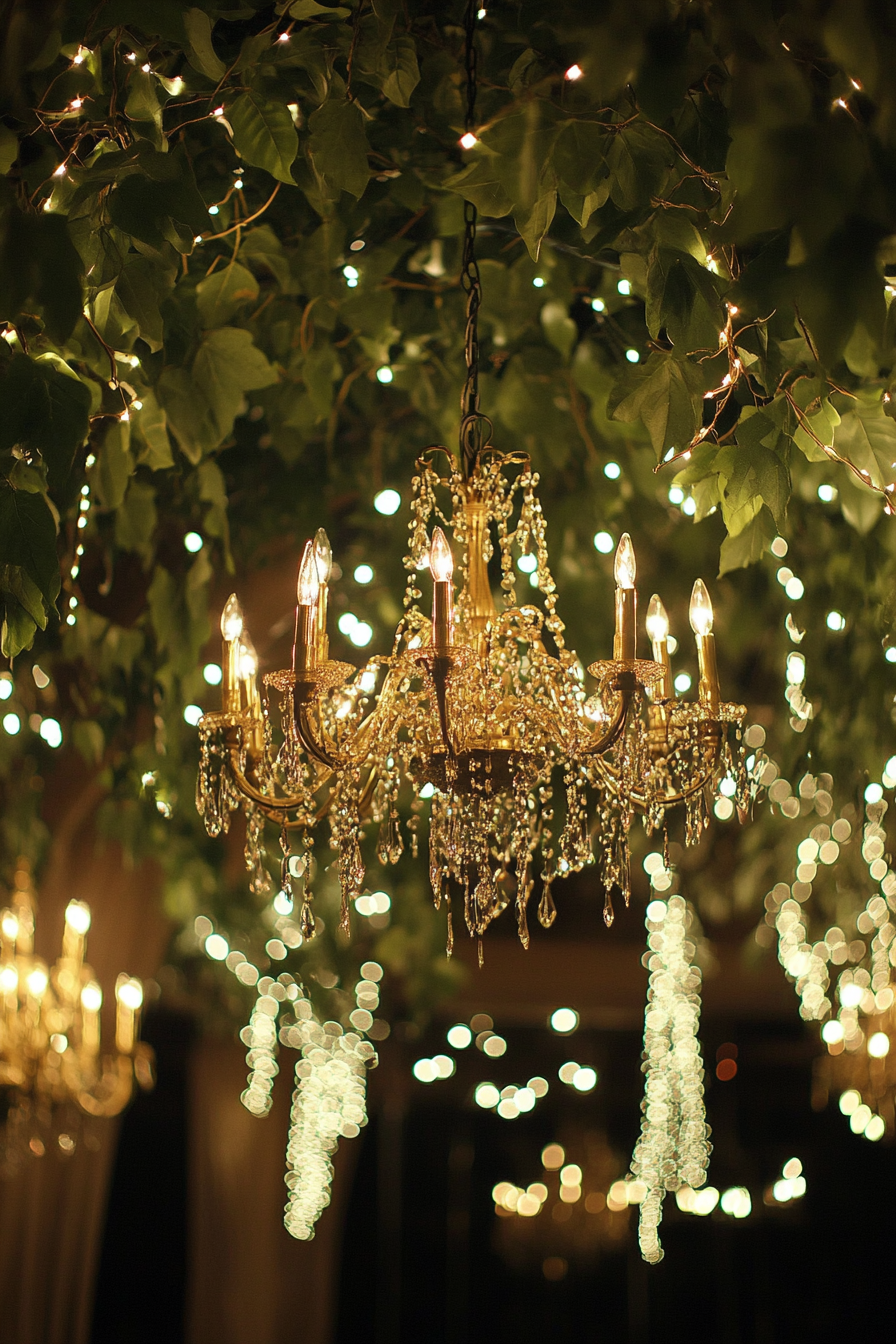 Wedding reception decor. Gold chandeliers entwined with leafy vine light canopies.