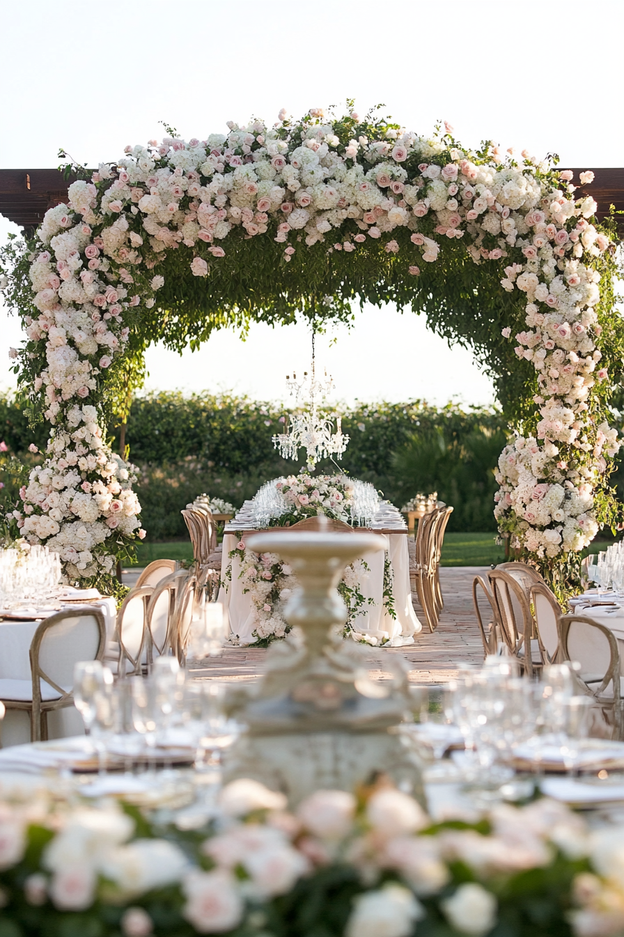 Wedding reception layout. Champagne roses pergola over guest breeds, facing ornate garden fountain.