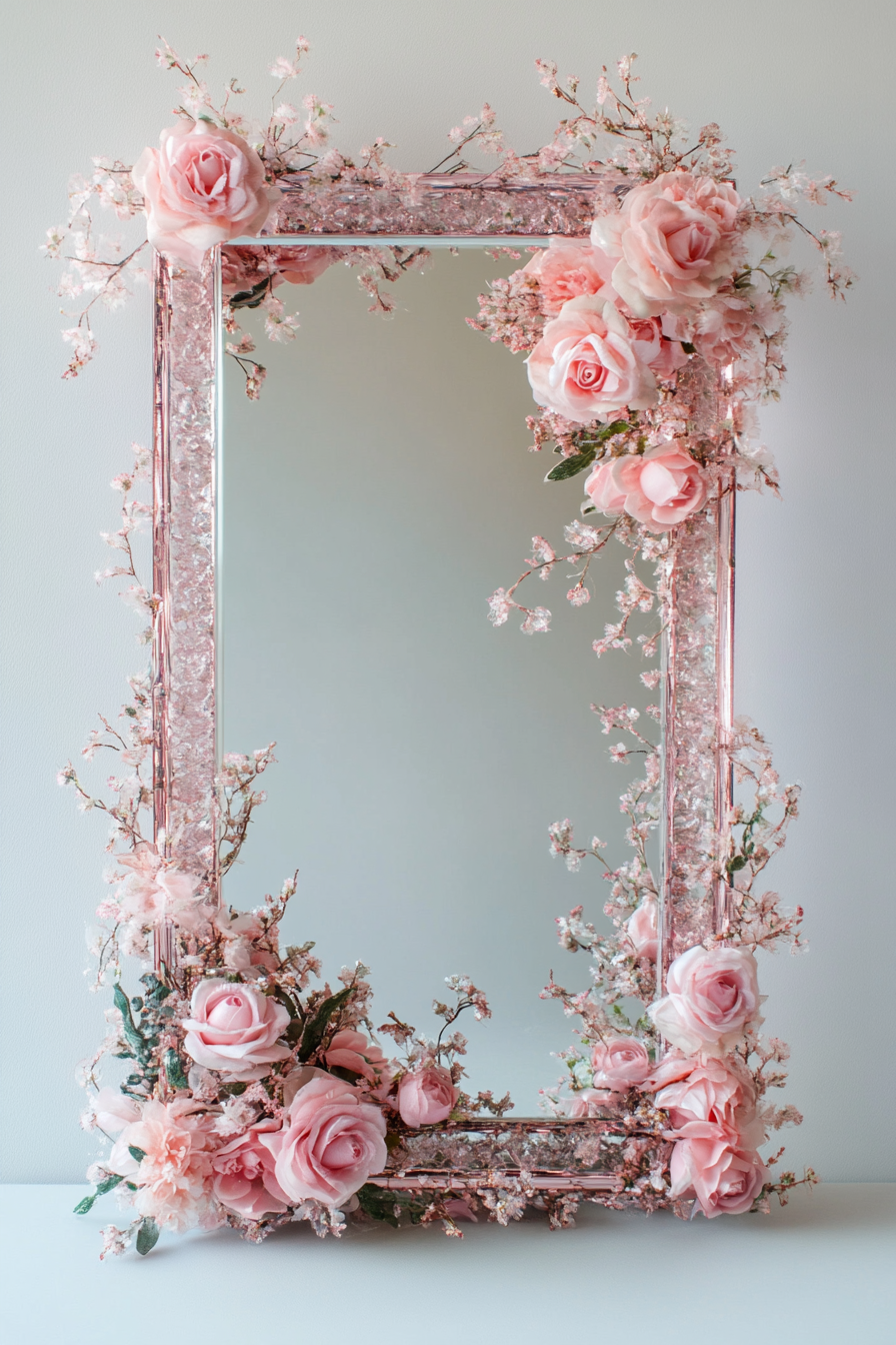 Wedding welcome mirror. Acrylic, floating pink rose frame.