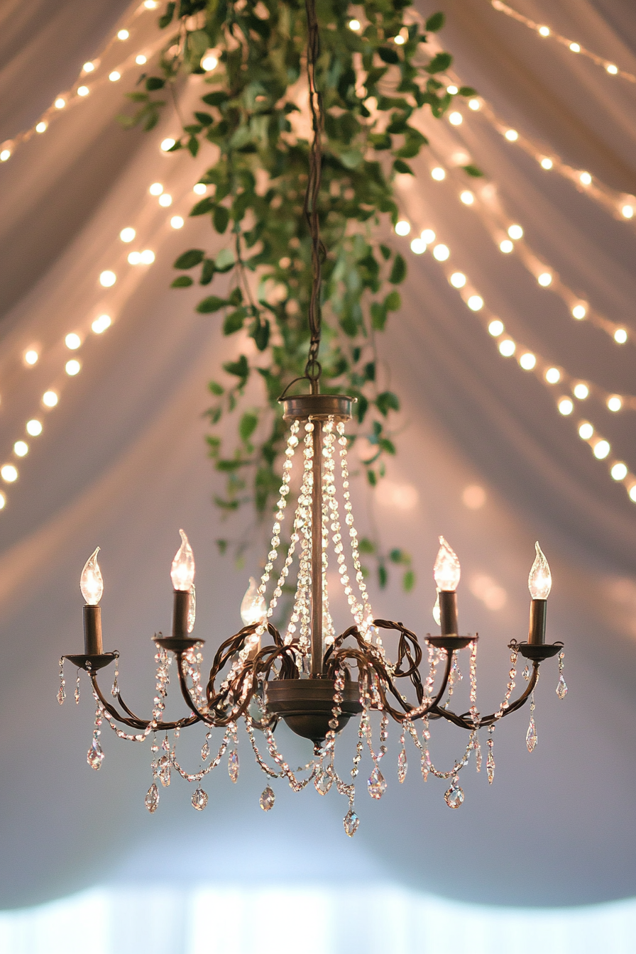 Wedding reception chandelier. Victorian crystal pendant under twisted vine light canopy.