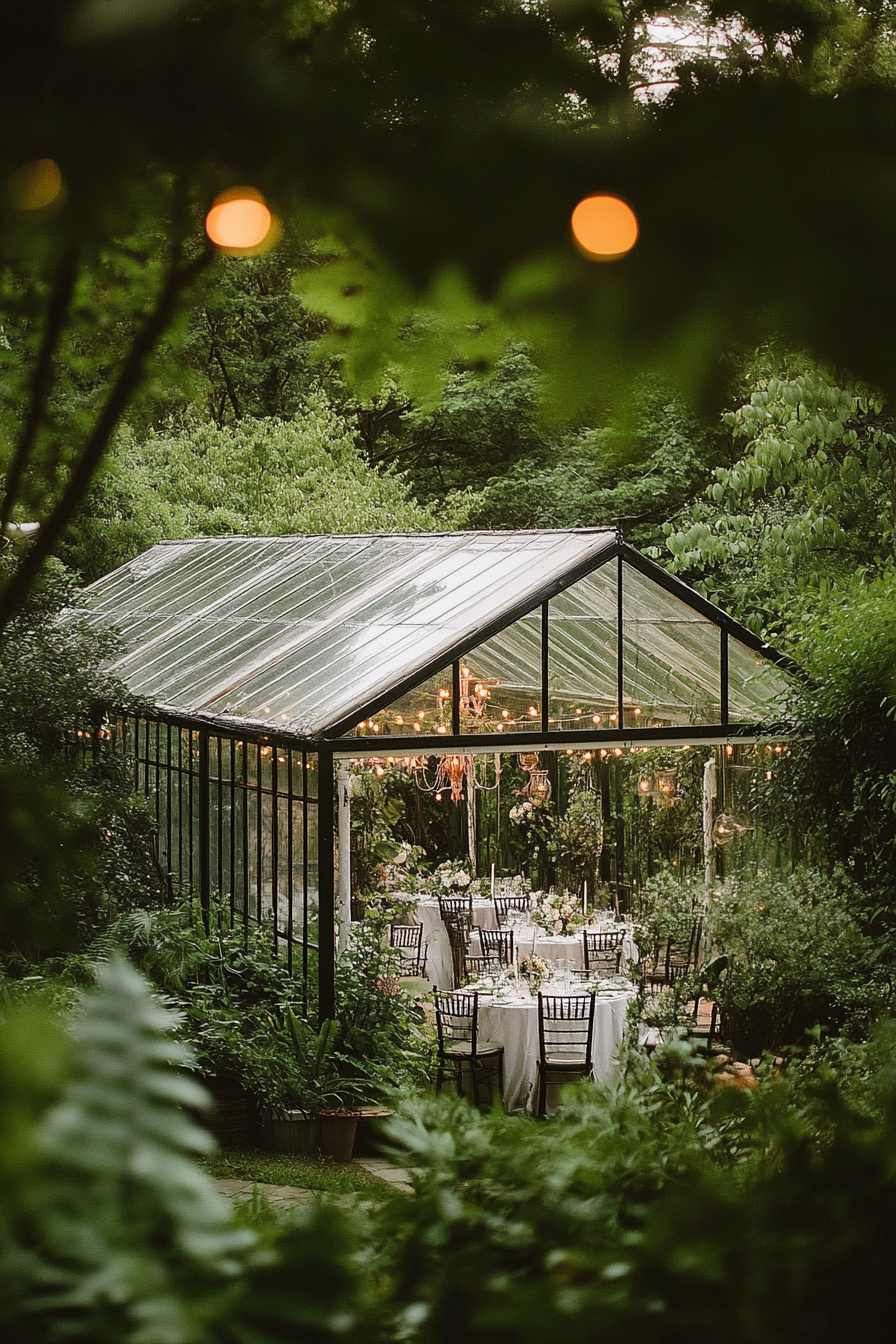 Small wedding venue concept. Glasshouse surrounded by lush green woodland.