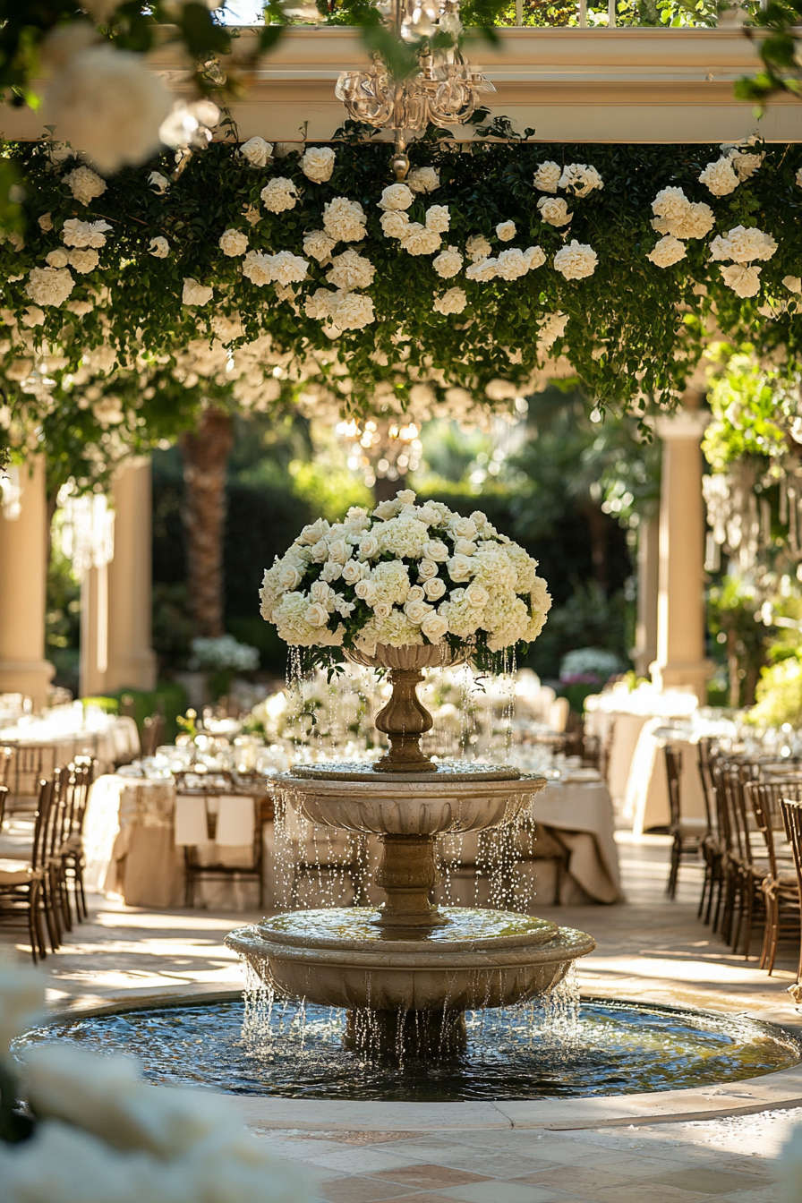 Wedding reception layout. Pergola adorned with white roses, overlooking a majestic water fountain.