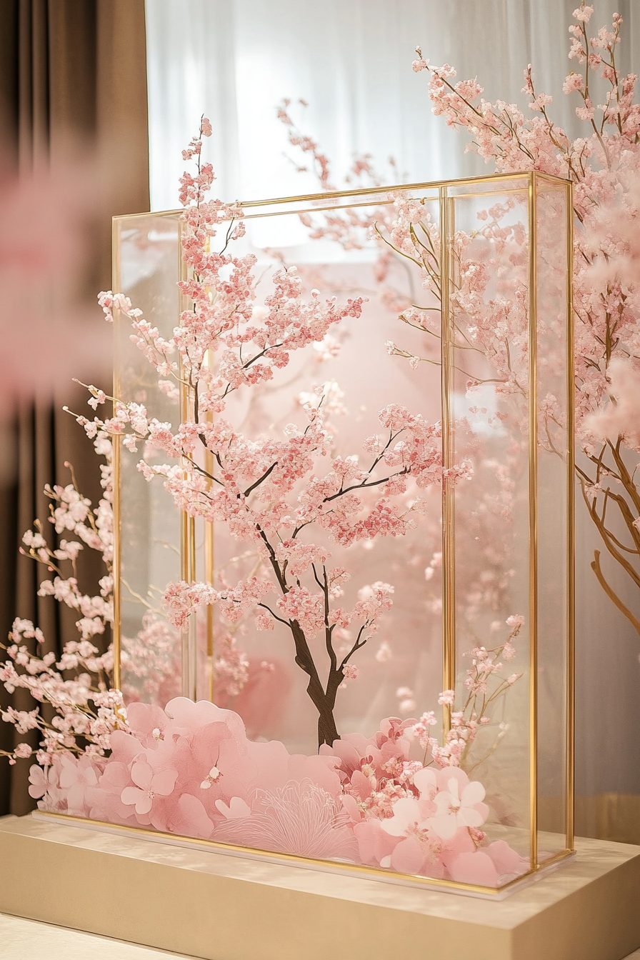 Wedding welcome mirror. Acrylic with pink sakura frame.