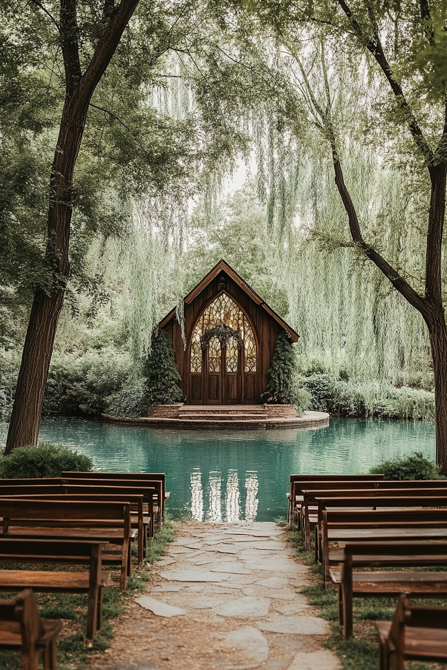 Small wedding venue concept. Willow tree chapel by a glistening lake.