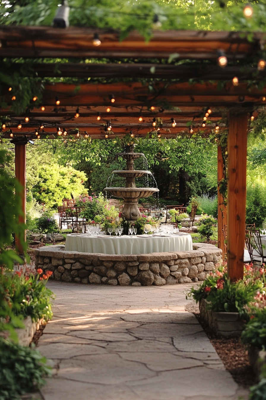 Wedding reception layout. Spring flowers pergola, in-view stone fountain.