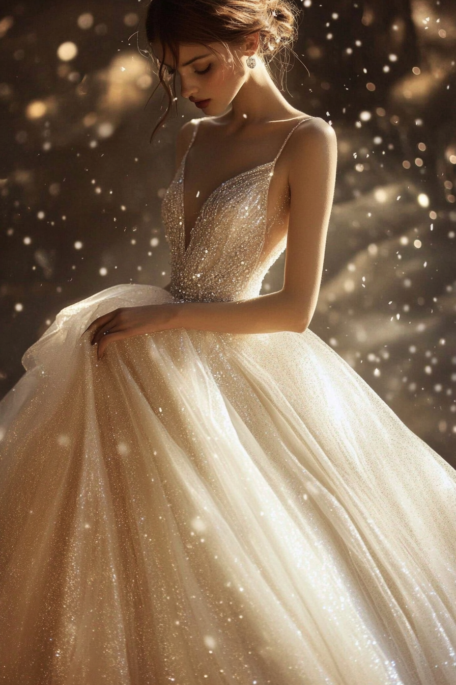 Wedding ballgown. Glittering tulle, crystal-draped bodice, cascading skirt.