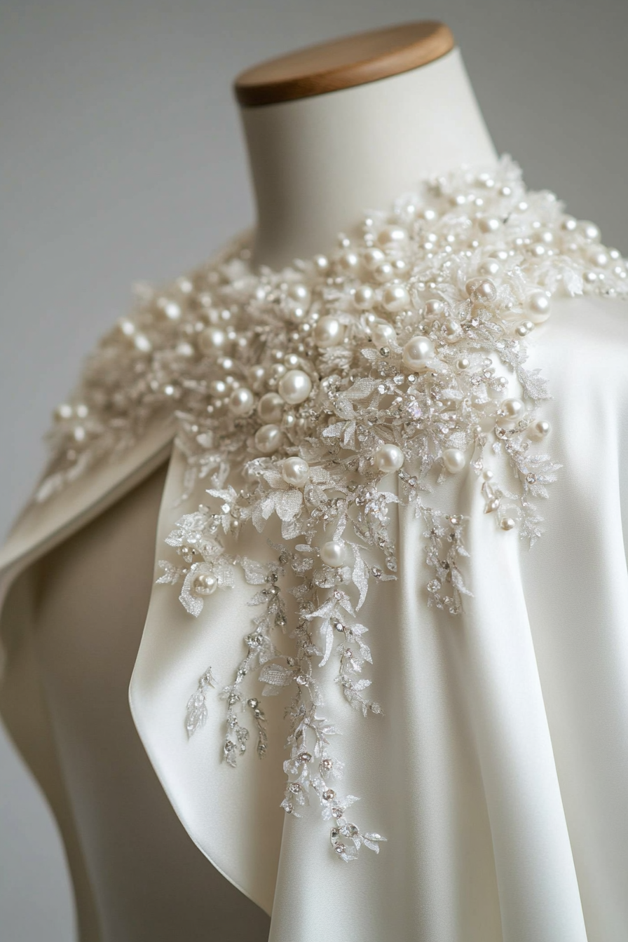 Wedding cape. Shimmering white satin, embellished with pearl-encrusted ice crystal details.