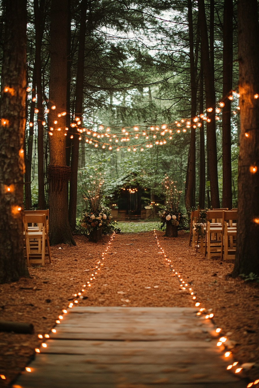 Small wedding venue concept. Hidden Forest Lodge adorned with string fairy lights.