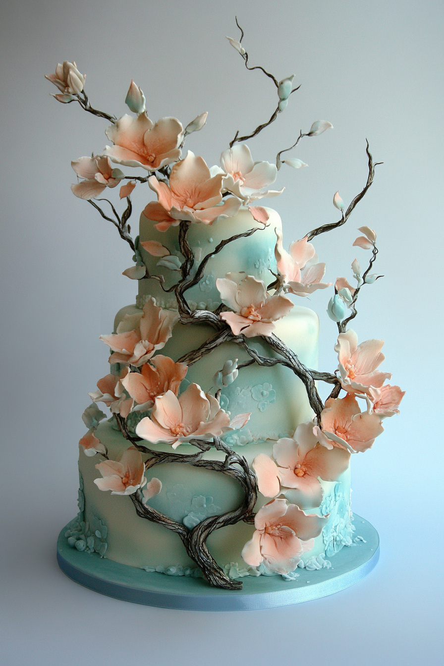 Wedding cake. Pastel floral design with ethereal blue accents.