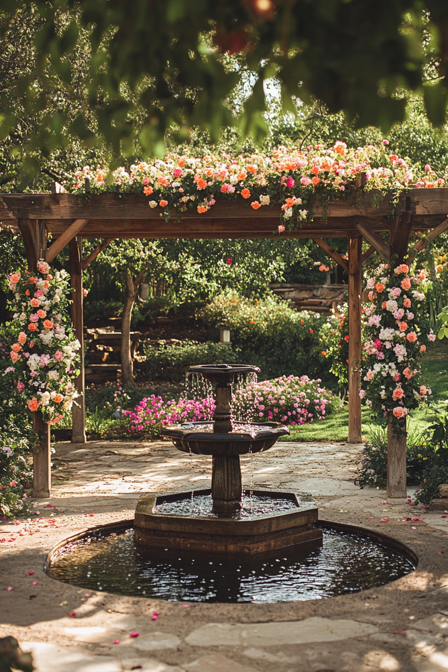 Wedding reception layout. Floral pergola near a rustic water fountain.