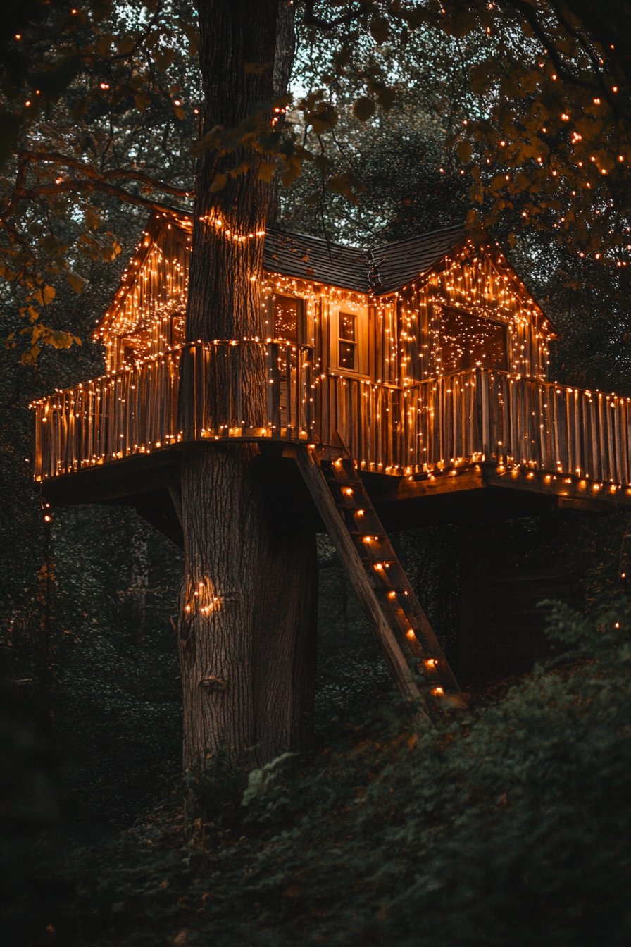 Small wedding venue concept. Treehouse lit with fairy lights.